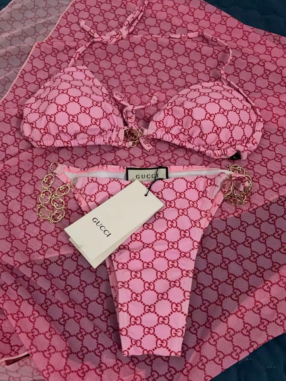 Authentic Gucci Pink Chain Bikini Set + Matching Cover-Up Skirt - Picture 2 of 2